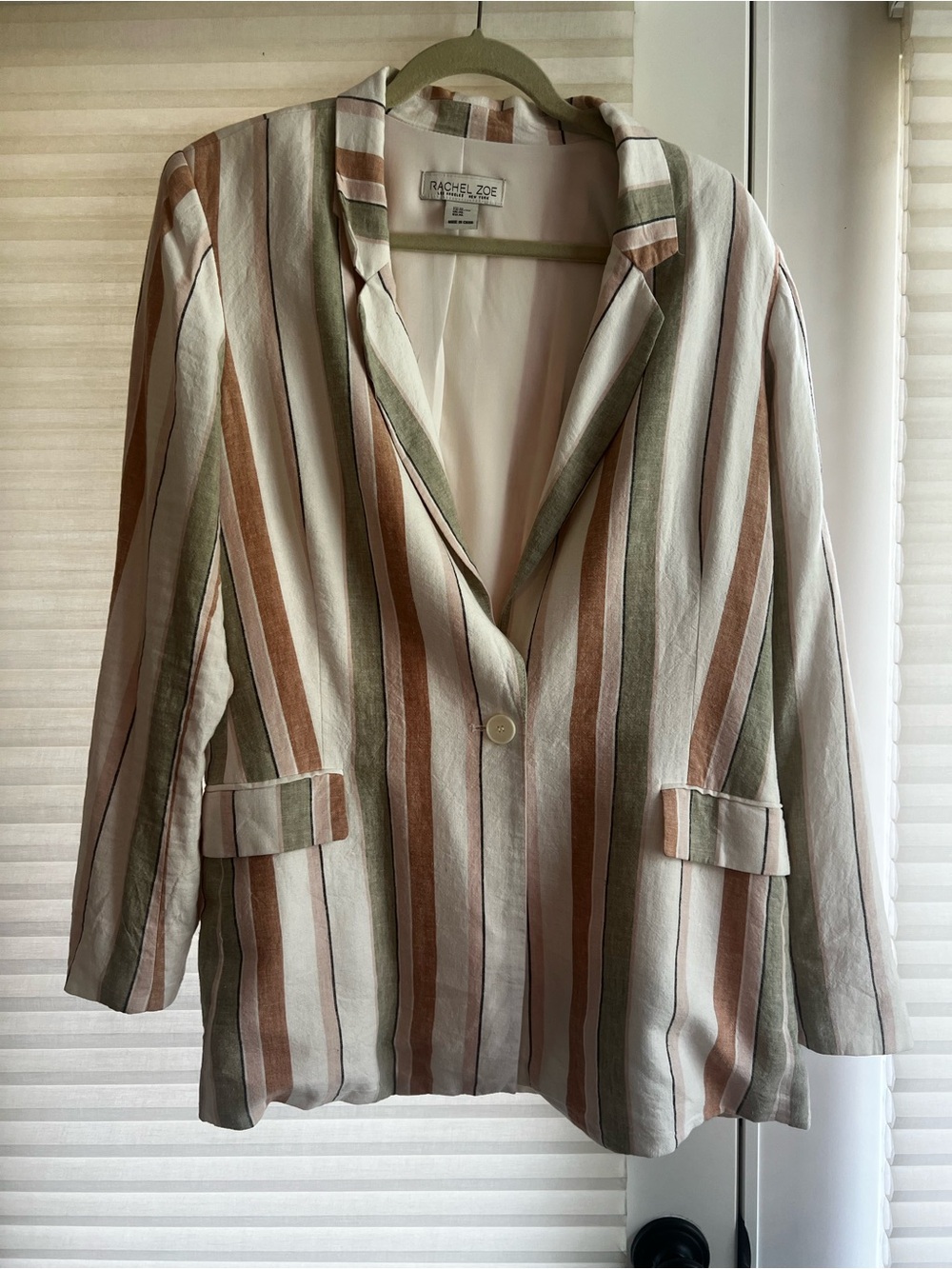 Rachel Zoe Striped Linen-Blend Blazer in Cream, Peach & Green, Size XL